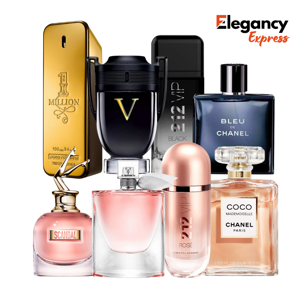 KIT CASAL 8 Perfumes (100ml) - One Million, 212 VIP Black, Invictus e Bleu de Chanel + Scandal, La Vie, 212 VIP Rosé e Coco Chanel